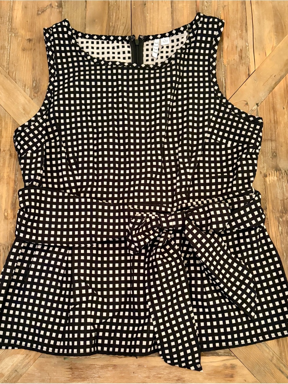 Elle Black & White Gingham Sleeveless Peplum Top with Tie Waist